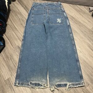 26 Red Brand Lines Mens Vintage 90s Wide Leg Baggy Rave Skater‎ Jeans Blue 30x30